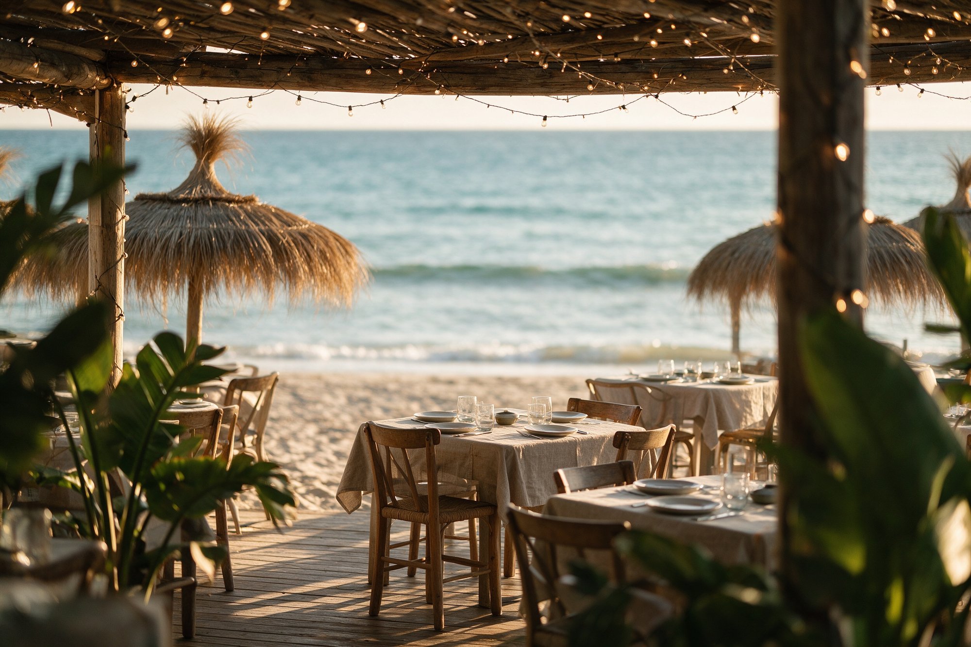 Terraza del chiringuito frente al mar con mesas preparadas al atardecer