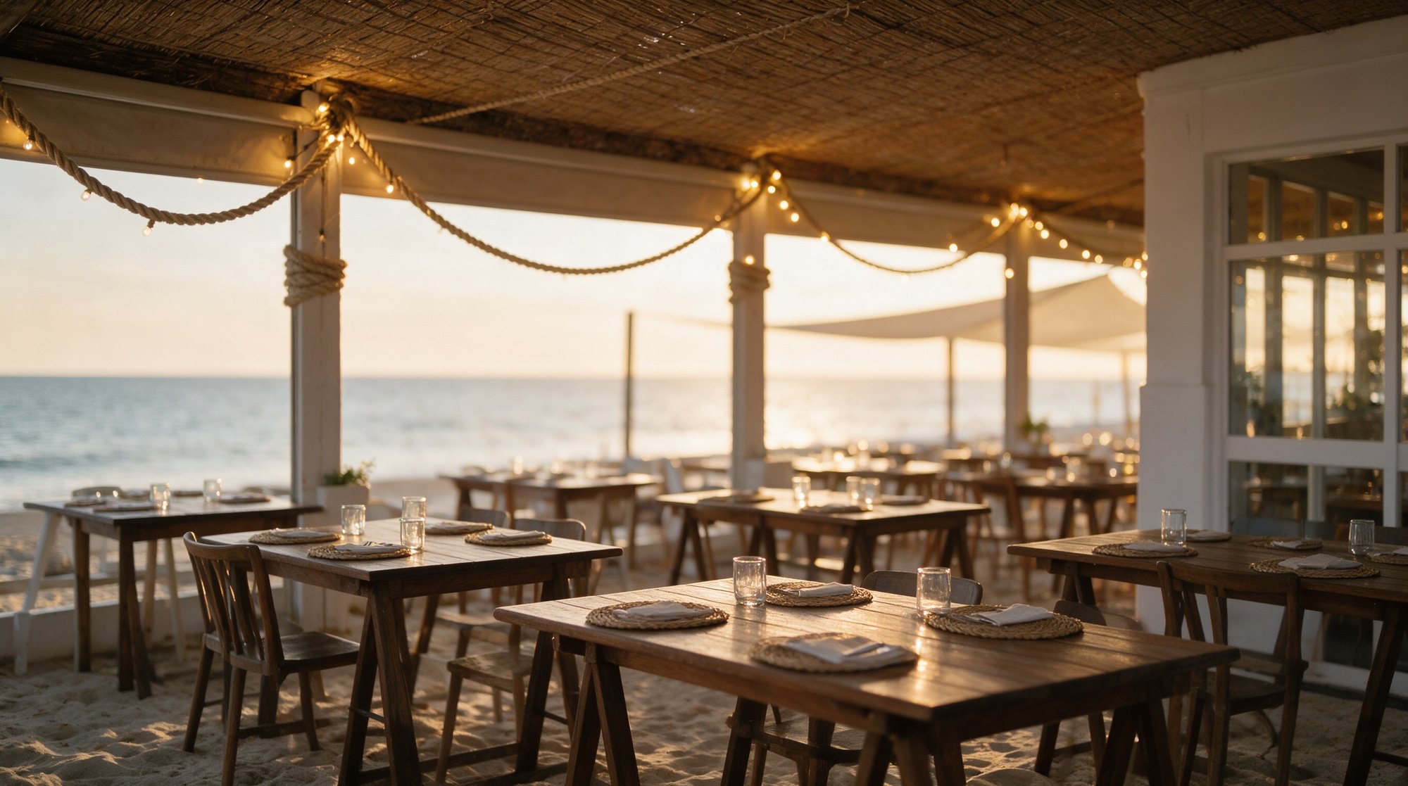 Comedor del chiringuito bajo el techo de caña con luces cálidas al anochecer