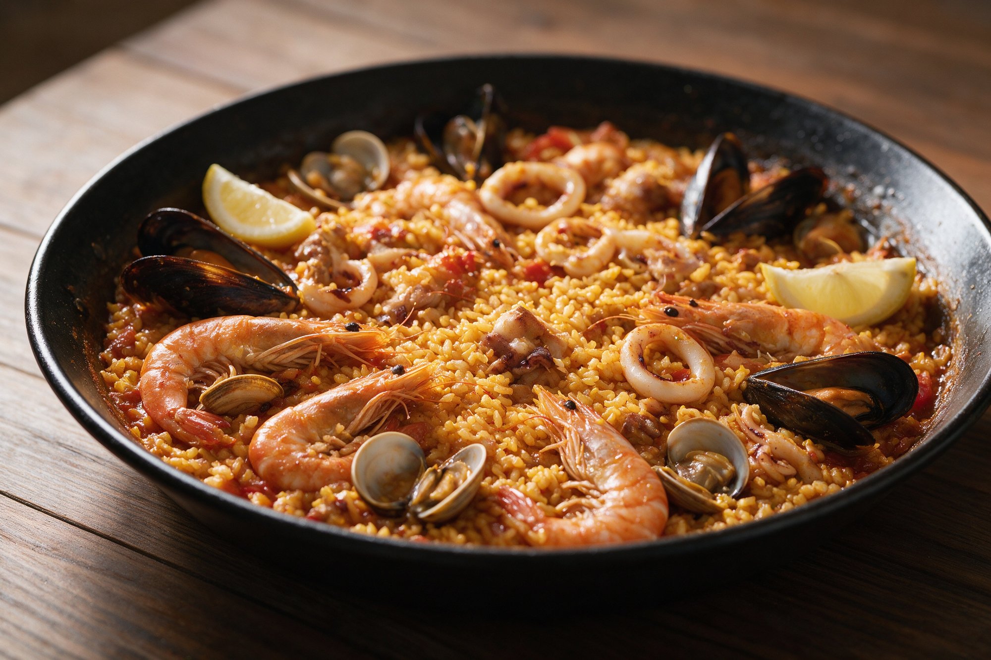 Paella de marisco con gambas, mejillones y calamares